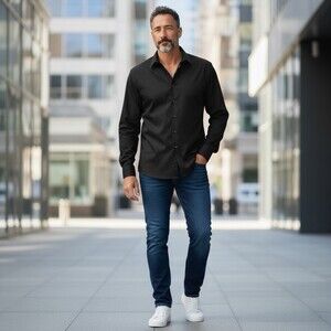 XXL Mens L/S Dress Shirt Black Arrow Sateen Cotton Blend Wrinkle Free 18 36/37